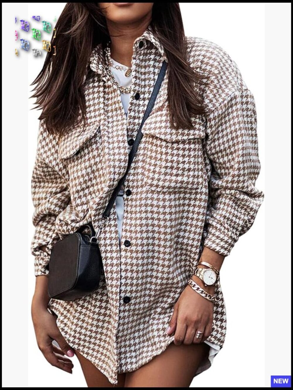 Plaid Houndstooth Shacket Oversized Button Down Long Sleeve with Pockets